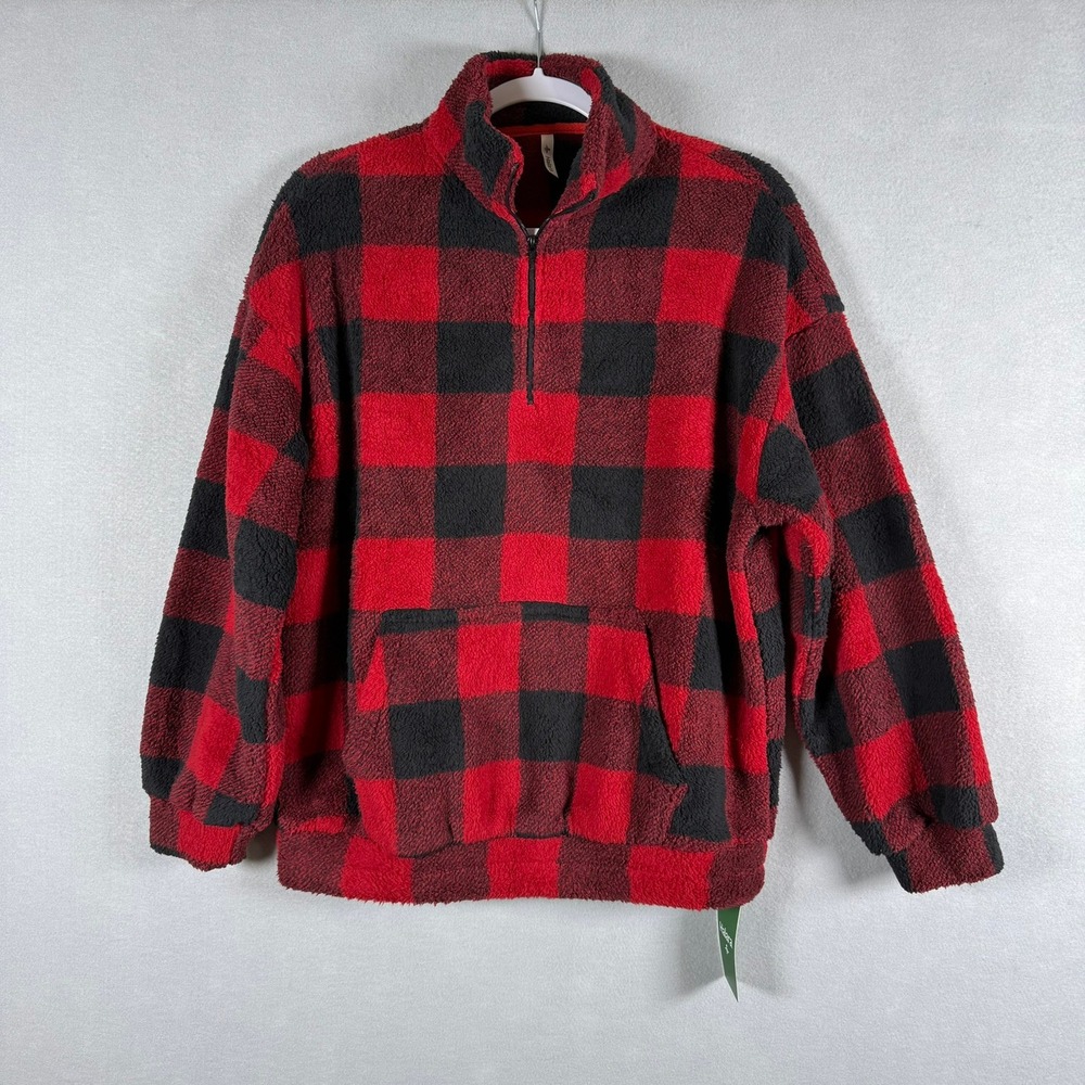 Halara Womens S Fleece Pullover Red Black Buffalo Plaid Teddy Quarter Zip Cozy